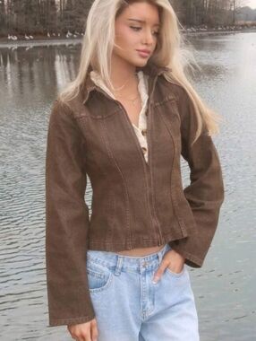 Denim Paneled Zip Down Collared Jacket